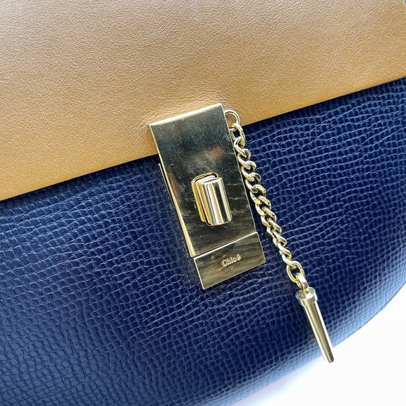 Chloe drew chain leather shoulder crossbody bag navy blue and camel women - Picture 3 of 15